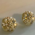Vintage Faux Pearl & AB Crystal Button Earrings 🐝 White Photo 1