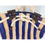 Sun N Sand Beach Tote Natural Navy Blue Stripe Woven Rope Handles Lined Zipper Photo 3