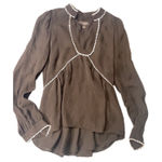 Intermix  Embellished Neckline Peplum Silk Blouse Brown Size 0 Long Sleeve Photo 0