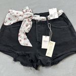 Forever 21 NWT  Jean Shorts 29 Womens Black Raw Hem Distressed Floral Scarf Belt Photo 0