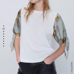 ZARA  Top Balloon Silky Tiger Sleeves White T-Shirt Green Safari Photo 1