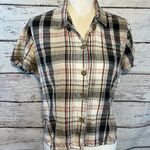 CROSSROADS (Petite) Plaid Cropped Button Down Short Sleeve Shirt Linen/Cotton Photo 0