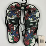 Virtis Women's Flip Flops Black Tattoo Rose Bird Heart Sandal Size M 7/8 Photo 0