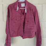 American Eagle  Cropped Pink Cozy Plaid Flannel Button Down Photo 0