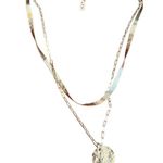 Gold Tone Layered Chain Necklace Herringbone Chain Link Textured Round Pendant Photo 0
