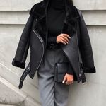 ZARA  Black Faux Leather Faux Fur Collar Shearling Belted Moto Motorcyle Jacket Photo 13