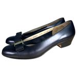 Salvatore Ferragamo Black Leather Round Toe Bow Gold Chunky Heel Pumps 7.5 Photo 1