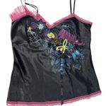 Lapis Vintage 90s Satin Hand Painted Lace Floral Butterfly Slip Tank Medium NEW Black Photo 0