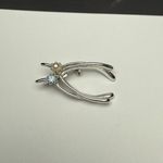 Vintage Double Wishbone Brooch Pin Silver Tone Blue Rhinestone Faux Pearl Lucky Photo 0