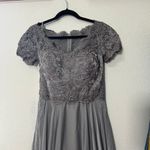 La Femme NEW  Chiffon Lace Rhinstone SS Sweetheart V-Neckline Gown Silver Size 6 Photo 3