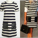 J.Crew  Navy & Cream Stripe Faux Leather Pockets Dress Short Sleeve Size XXS Photo 1