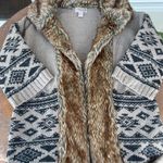 Forever 21 brown and cream tribal print sweater cardigan with faux fur trim sz s Photo 3