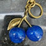Blue Shimmery Double Cherries Brass Leaf Keychain & bag charm NIP Photo 1