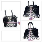 Betsey Johnson Large SATCHEL BLACK WHITE with BIG BOW Zig Zag Print Faux Leather Photo 11