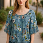 LUQ Stitch Fix Womens Blue Floral Scoop Neck Lace Trim Bell Sleeve Blouse Small Photo 0