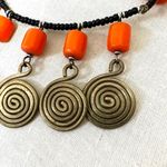 Vintage Boho Tribal Style Necklace Orange Resin Beads Brass Spiral Discs Photo 5