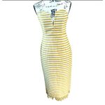 LPA ‎ Strapless Bodycon Dress Yellow White Stripe Midi Size Medium Fringe Hem Photo 1