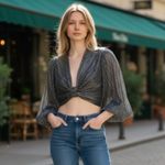 ZARA NWT METALLIC THREAD CROP TOP WITH KNOT BLOGGERS FAV XS BLACK Festive Photo 0