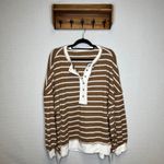 Womens Brown XXL White Stripe Waffle Long Sleeve Henley Thermal Knit Top Shirt Photo 2