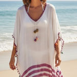 Womens White Purple Stripe Pom Pom Tassel Beach Cover Up Kaftan Tunic M L Size undefined Photo 0