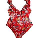 Jessica Simpson Chantilly Lace Frill Shoulder Red Floral One Piece Swimsuit Sz L Photo 0