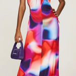Rebecca Vallance Dress Womens 8 Red Blue Del Prado Midi Cutout Side Psychedelic Photo 0