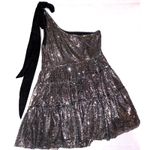 Geisha Designs Sequin One Shoulder Black Velvet Bow Mini cocktail party Dress Silver Size 14 Photo 8