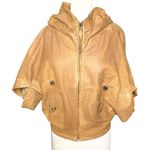 MADE IN ITALY LAMBSKIN LEATHER CAPE STYLE UNIQUE SHORT SLEEVED GATHERED JACKET Tan Size L Photo 3