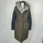 Vera Wang Vera‎ Wang Faux Fur Trim Mixed Media Anorak Coat Green Khaki Size Small Photo 2