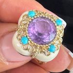 14K RARE Yellow Gold Bezel Amethyst Turquoise Quatrefoil White Agate Ring S 6.5 Photo 8
