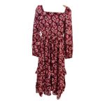 Teens Burgundy Floral Print Square Neck Long Sleeve Tiered Ruffle Midi Dress 16 Red Photo 3