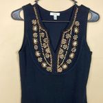 Cache Women’s Boho Beaded Gem Embellished Split Neck Black Tank Top Photo 1