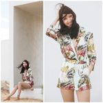 Topshop Green Pink Tropical Floral Satin V-Neck Long Sleeve Romper Size 10 Large Photo 3