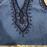 Boho Metallic Embroidered Lightweight Denim BlueTank Top Tassel Tie Blue Photo 11