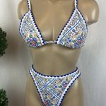 Blue & White Print Triangle Slide Padded Top Bikini 2 Piece Bathing Swim Suit M Size M Photo 0