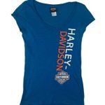 Harley Davidson women's small blue graphic logo tee v neck orange biker moto Photo 0