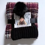 Emanuel Geraldo Hat & Blanket Scarf Set Black Pom Beanie Burgundy Plaid Wrap New Photo 0