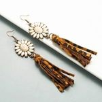 Boho White Turquoise Flower with Leopard Print Tassel Dangle Earrings A0121 Brown Photo 3