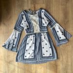 Hallelu  Boho Bell Sleeve Mini Dress Blue White Lace Trim Festival Size S Photo 0