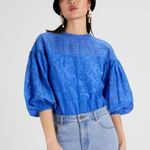 Kate Spade New York Size 00 Floral Eyelet Blouse Puff Sleeves Cornflower Blue Photo 0