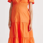 Quince  100% Organic Cotton Poplin Maternity Tiered Maxi Dress in Vermilion Red Photo 0