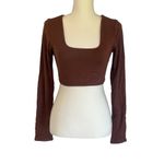 RE ONA Square Neck Crop Top in Chocolate Large New Womens Long Sleeve Blouse Brown Photo 3