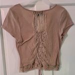 Almost Famous  Beige Tie-Hem Ruched Lace Short Sleeve V-Neck Crop Top Photo 1