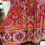 Chloé & René women's shift dress coral red pleated fabric bell sleeves size M Photo 2