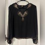 100 % Silk embroidered beaded Feather black long sleeve blouse size Photo 0