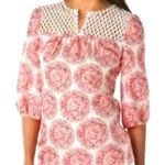 Calypso St. Barth  Size XS Blouse Top Silk Pink Floral Boho Mandala Crochet Trim Photo 0