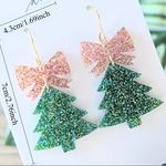 Glitter Christmas Tree Earrings with Pink Bows Green Photo 1