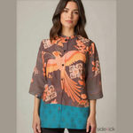 Sag Harbor Oriental Phoenix Print Blouse Orange Brown Turquoise Woman's Small Photo 1
