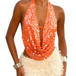 NWT SOLY HUX Sequin Halter Crop Top Orange Glitter Deep Cowl Neck Small Photo 0
