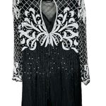 Vtg Lawrence Kazar Silk Beaded Formal Dress Sz XL Black White Sequin Long Sleeve Photo 1